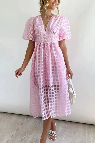Nicole - Midi jurk met vierkante print en mouwen met ruches by Beauty