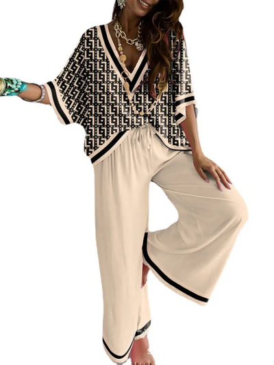 Yael - Urban Losse T-shirts met V-hals, Bedrukte Tops en Broek met Wijde Pijpen met Trekkoord Kleding