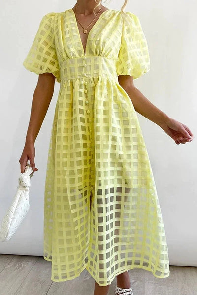 Nicole - Midi jurk met vierkante print en mouwen met ruches by Beauty