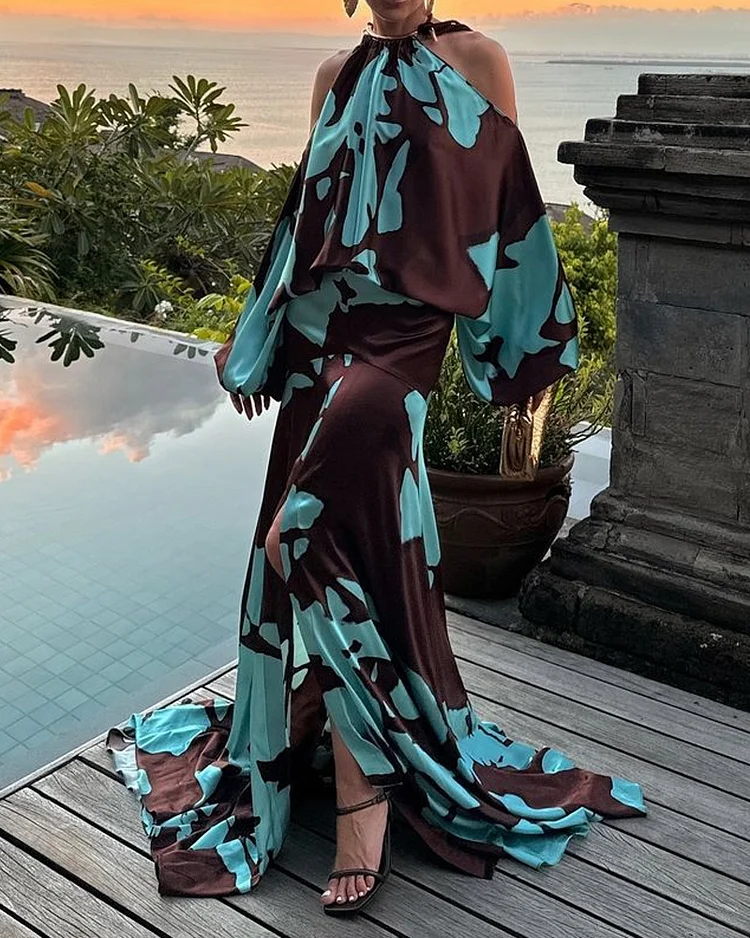 Elegante maxi jurk met print en lange mouwen in off shoulder stijl
