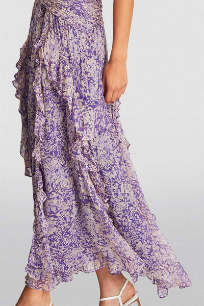 Elegante maxi-jurk met geplooide stof en speelse volantdetails voor een stijlvolle uitstraling