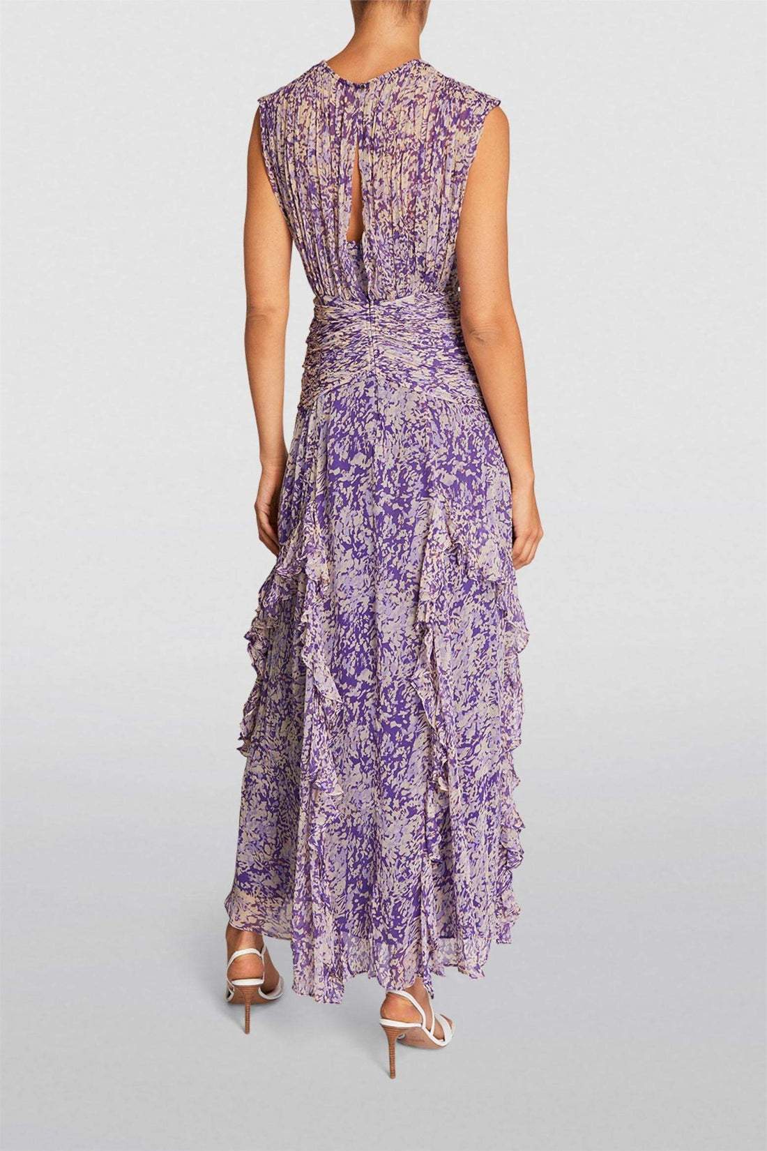 Elegante maxi-jurk met geplooide stof en speelse volantdetails voor een stijlvolle uitstraling