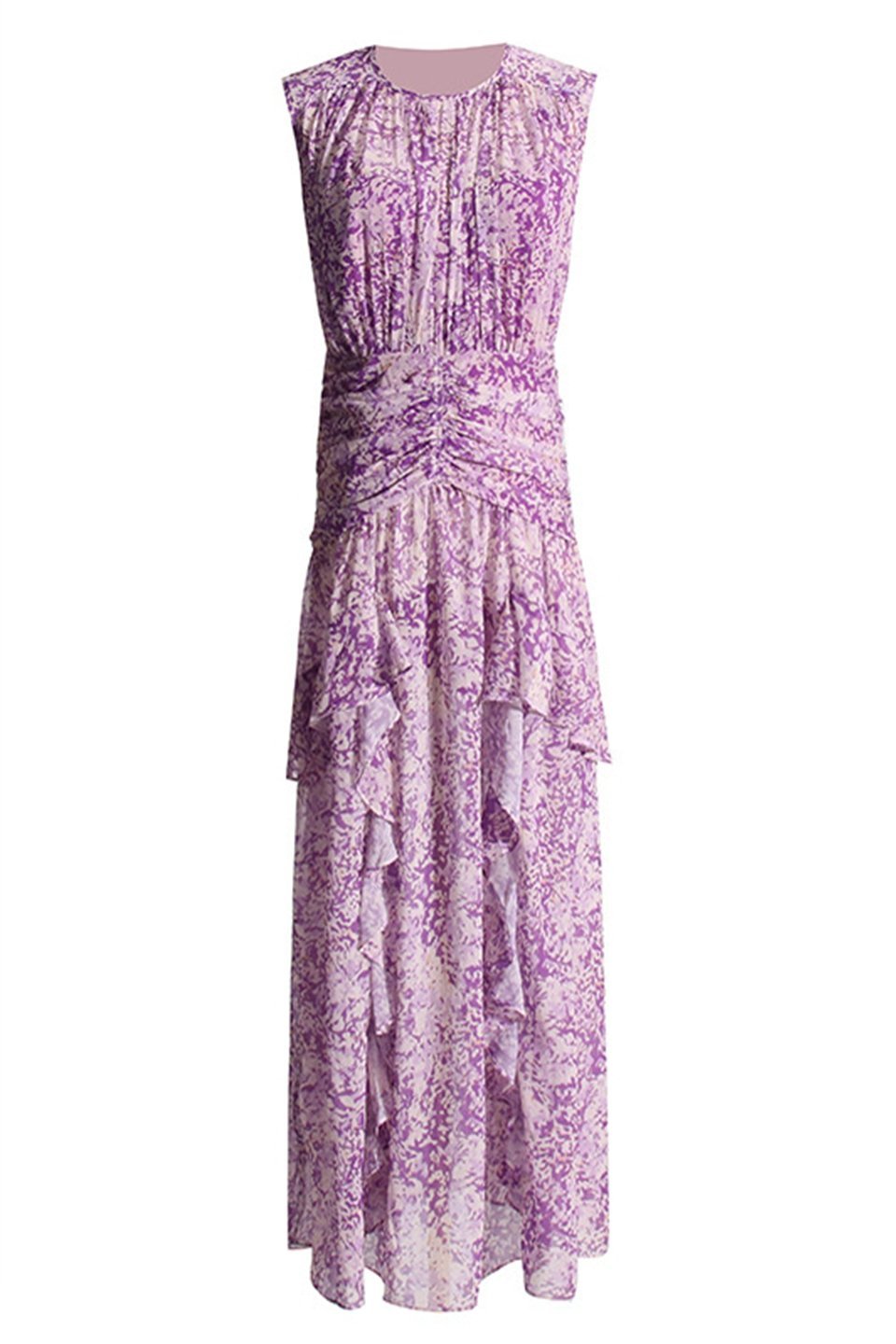 Elegante maxi-jurk met geplooide stof en speelse volantdetails voor een stijlvolle uitstraling