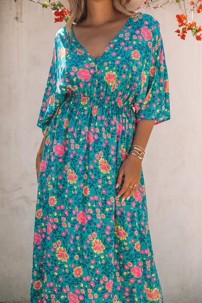 Claudia - Groene bohemian maxi jurk met diepe V-hals en bloemenprint