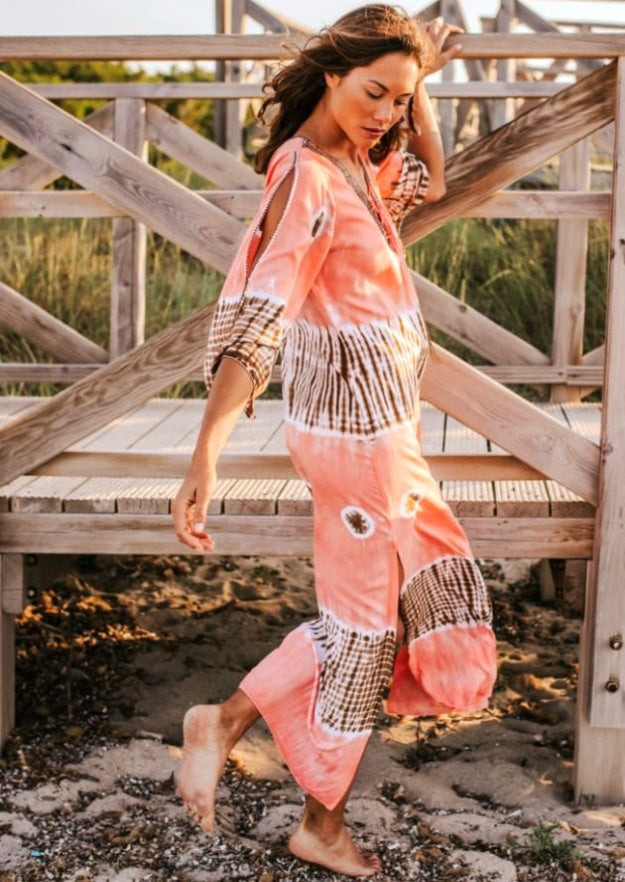 Lange strandtuniek met print en losvallend model voor zomerse dagen