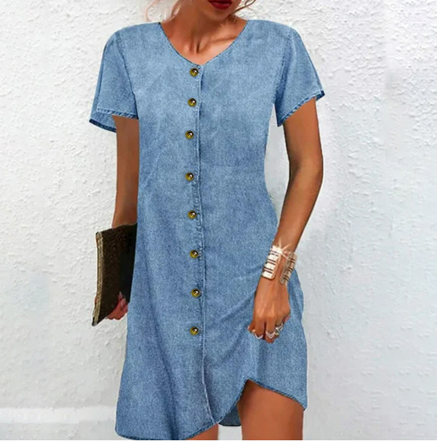 Ruth - spijkerjurk met korte mouwen, V-hals, knopen, patchwork, eenvoudig blauw