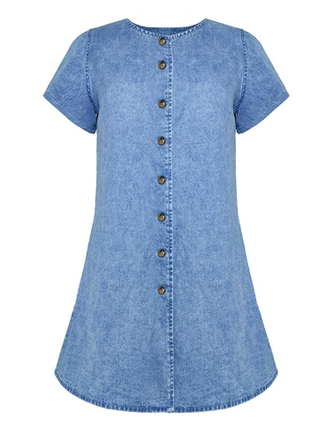 Ruth - spijkerjurk met korte mouwen, V-hals, knopen, patchwork, eenvoudig blauw
