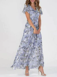 Stijlvolle elegante maxi jurk met bloemenprint en korte mouwen