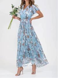 Stijlvolle elegante maxi jurk met bloemenprint en korte mouwen