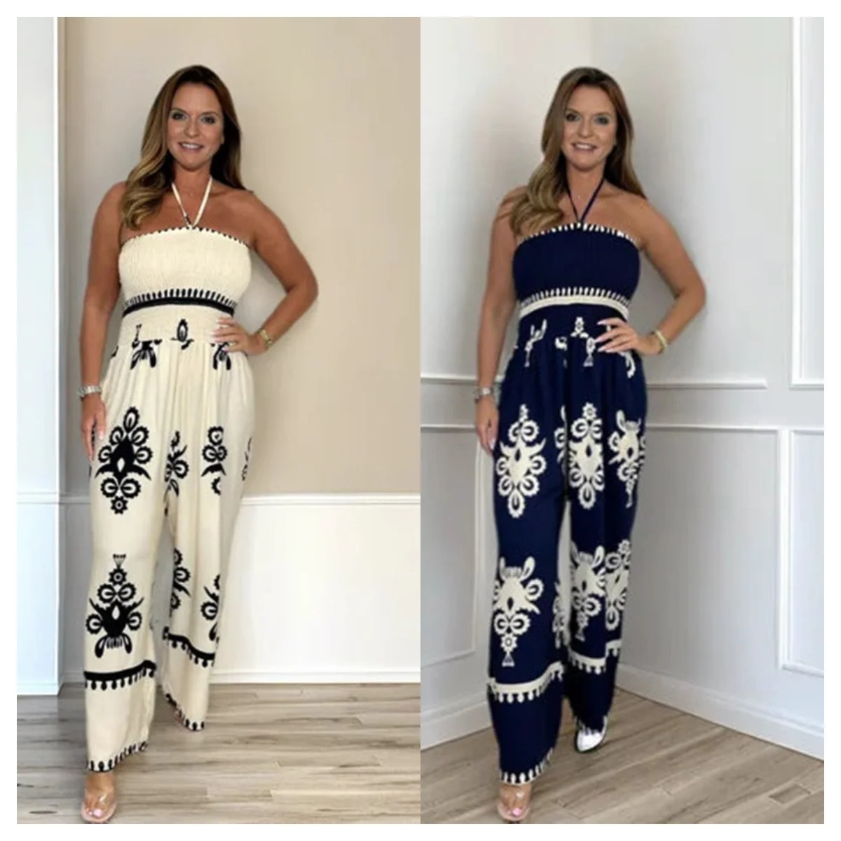 Lange wijde dames jumpsuit met halterstijl bovenkant