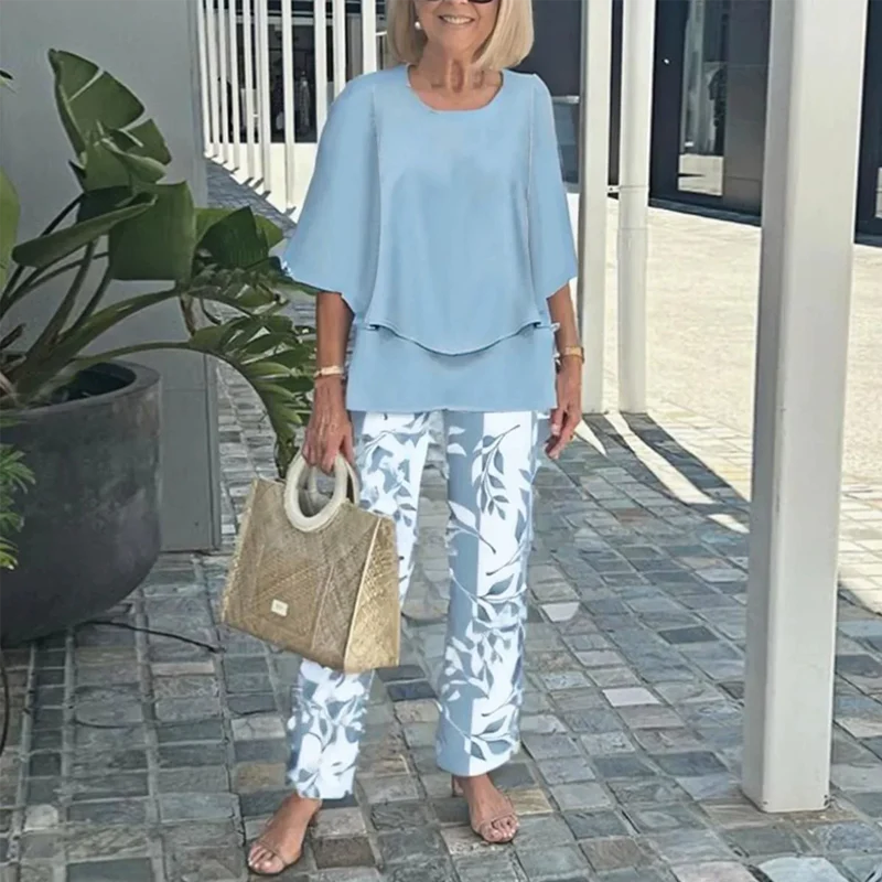 Dames set met geprinte broek en top met ronde hals
