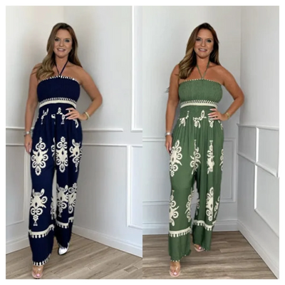 Lange wijde dames jumpsuit met halterstijl bovenkant