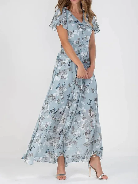 Stijlvolle elegante maxi jurk met bloemenprint en korte mouwen