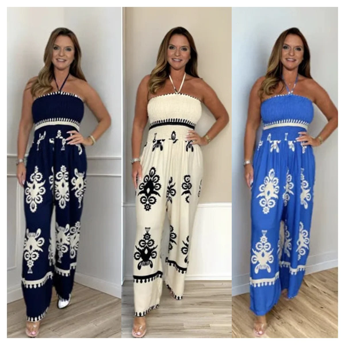 Lange wijde dames jumpsuit met halterstijl bovenkant