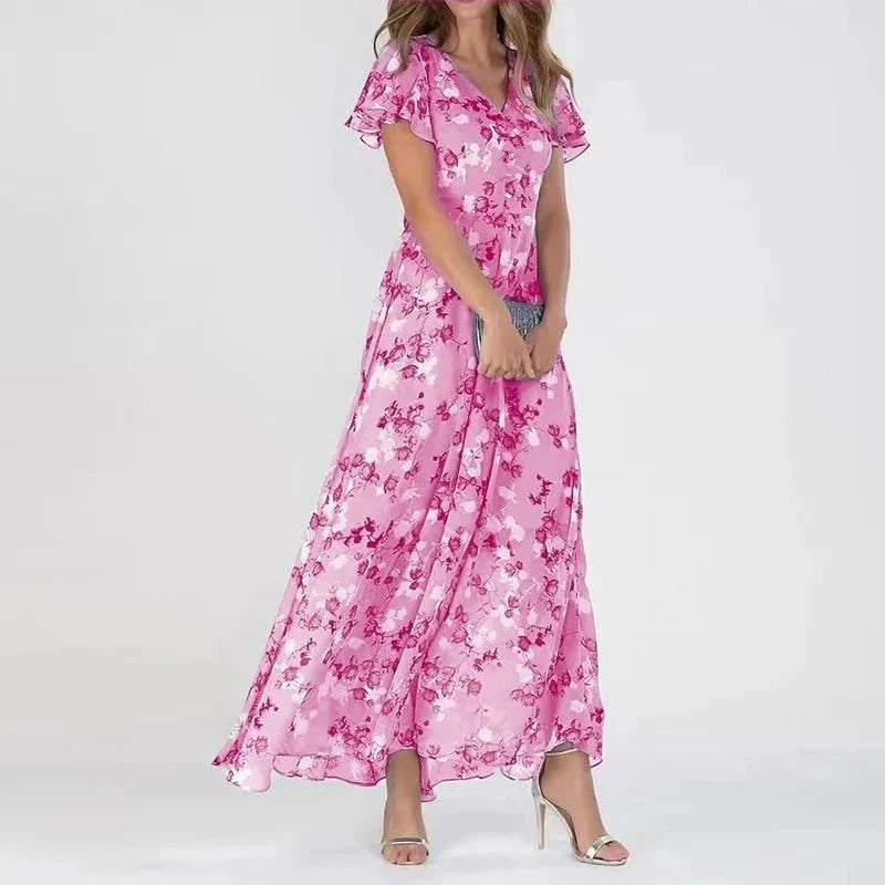 Stijlvolle elegante maxi jurk met bloemenprint en korte mouwen