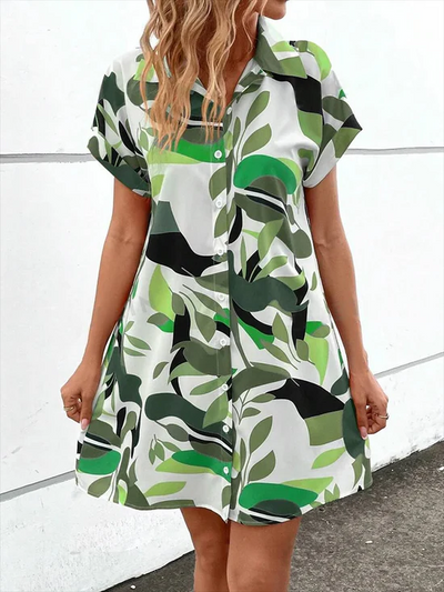 Moderne mini overhemdjurk met korte mouwen en bloemenprint