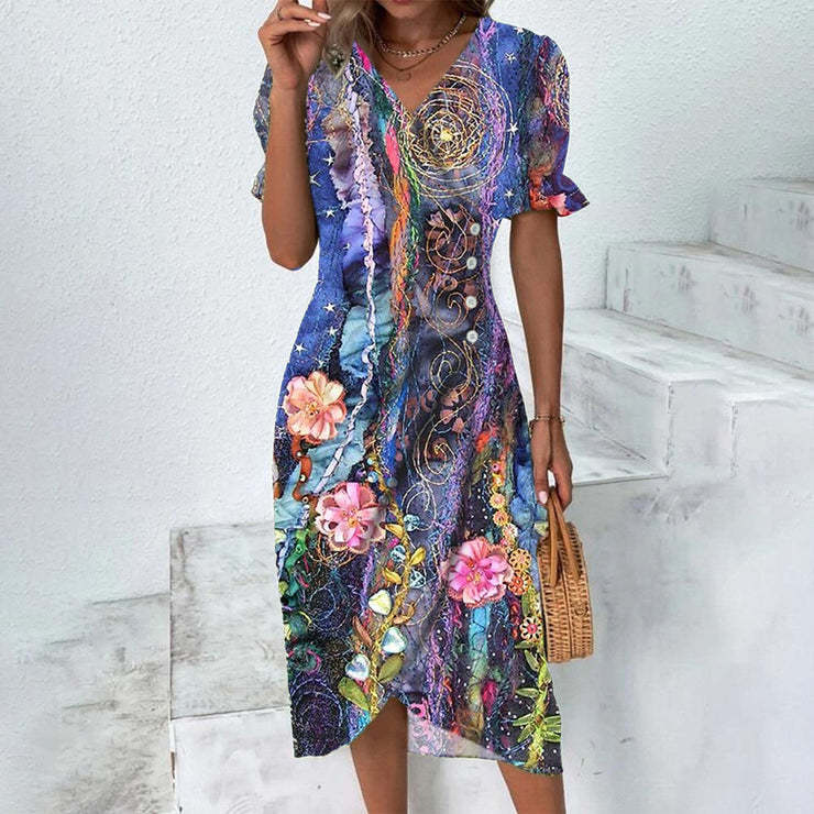 Luchtige zomer midi jurk met korte mouwen en bloemenprint