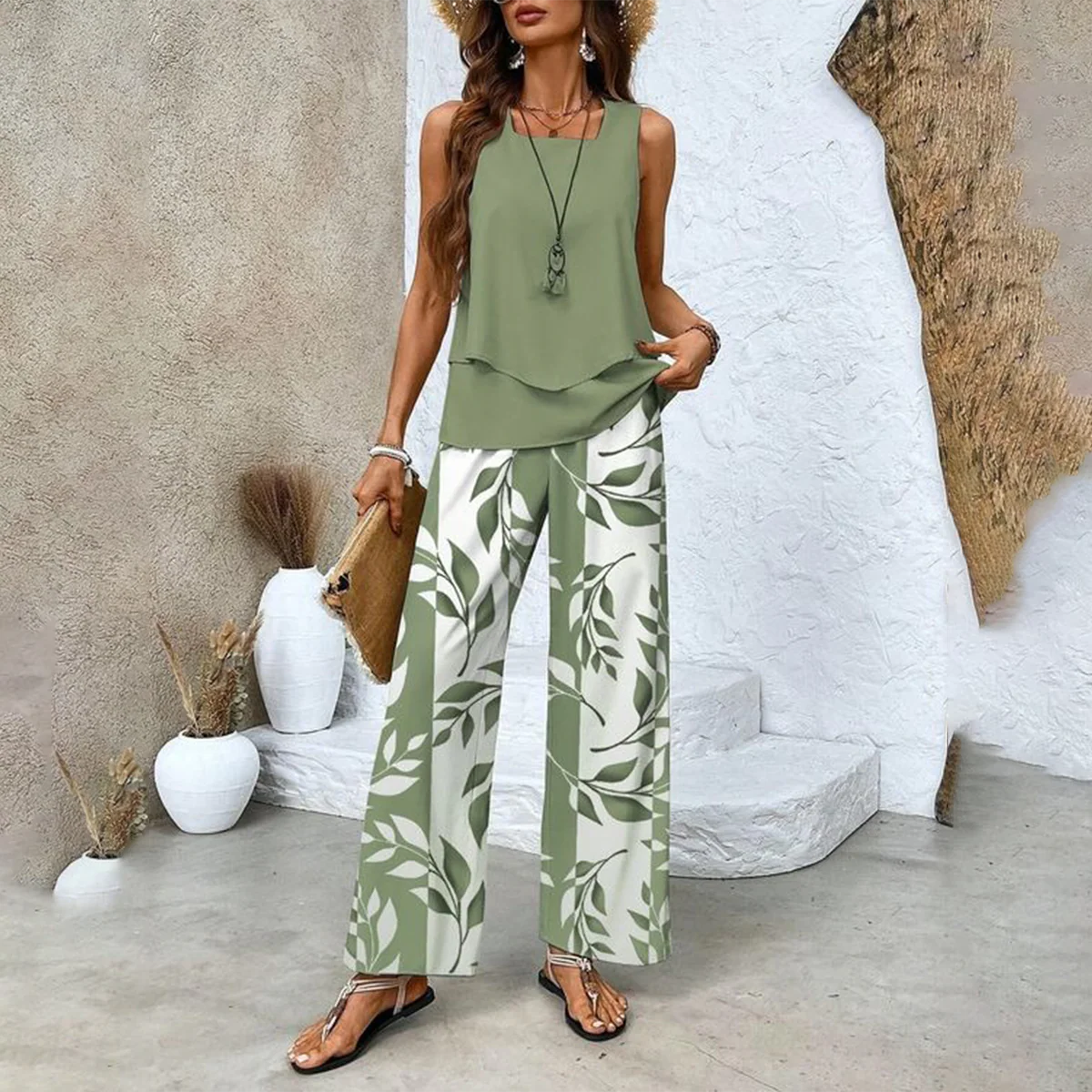 Tweedelige damesoutfit met mouwloze top met print en bijpassende broek
