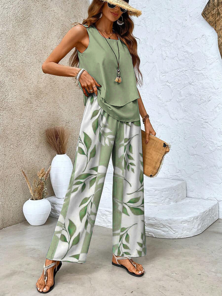 Tweedelige damesoutfit met mouwloze top met print en bijpassende broek