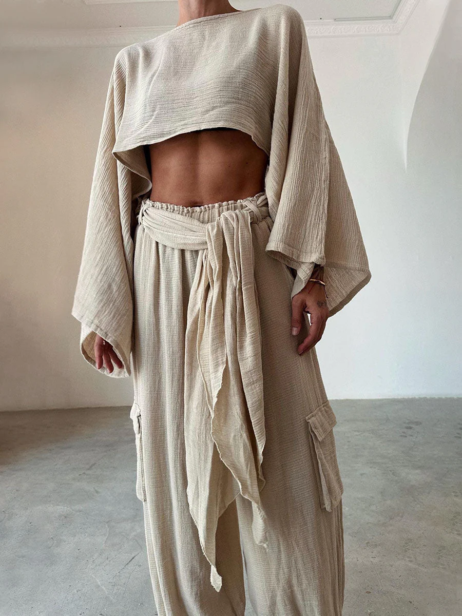 Trendy dames set met cropped top met wijde mouwen en broek stijlvol