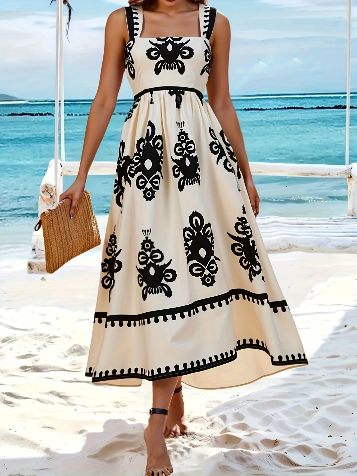 Lange mouwloze jurk met retro print en elegante uitstraling