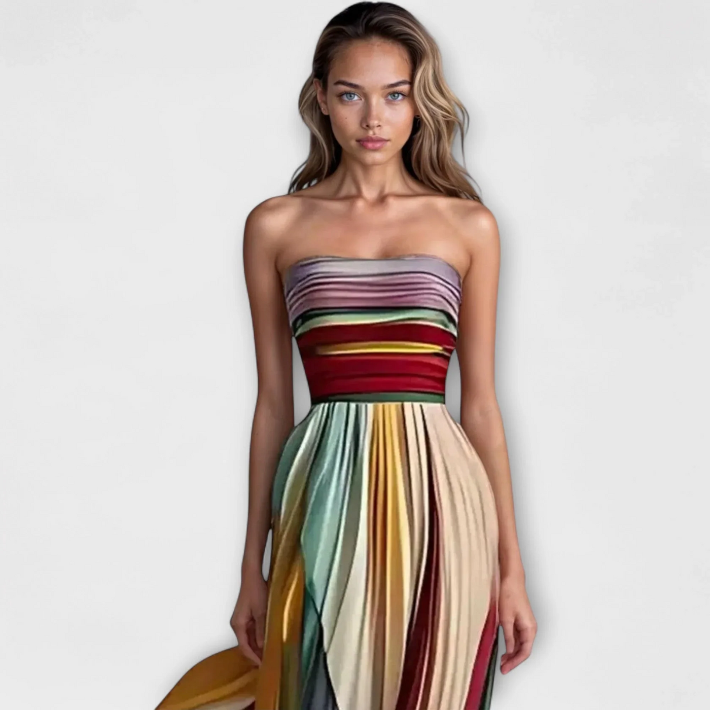 Strapless maxi jurk met geplooide details en vloeiende kleurverloop