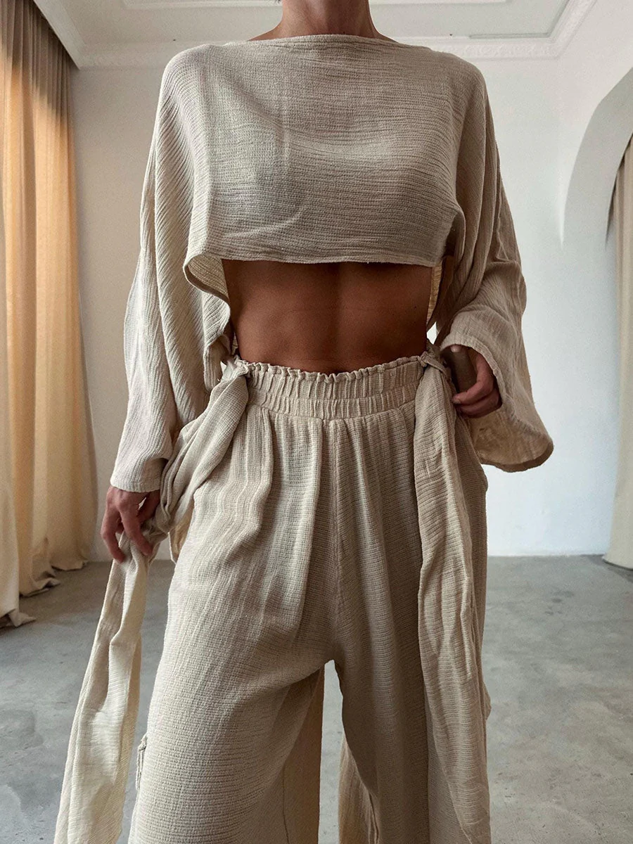 Trendy dames set met cropped top met wijde mouwen en broek stijlvol