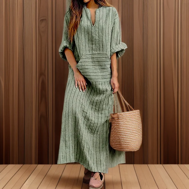 Casual maxi jurk met strepen en diepe v-hals