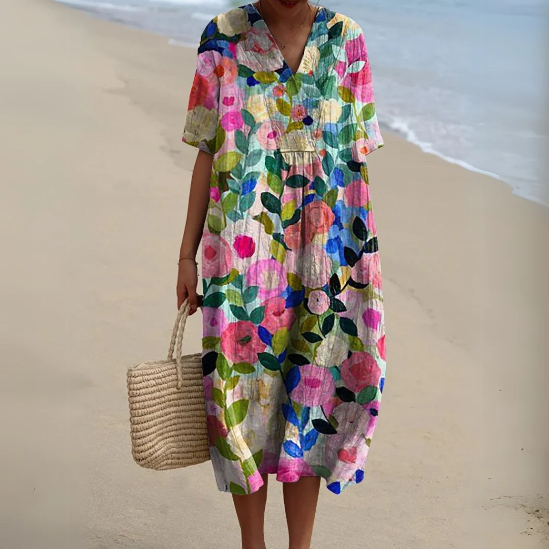 Elegante maxi jurk met bloemenprint en korte mouwen
