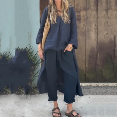 Tweedelige dames set met lange top en broek met asymmetrische zoom