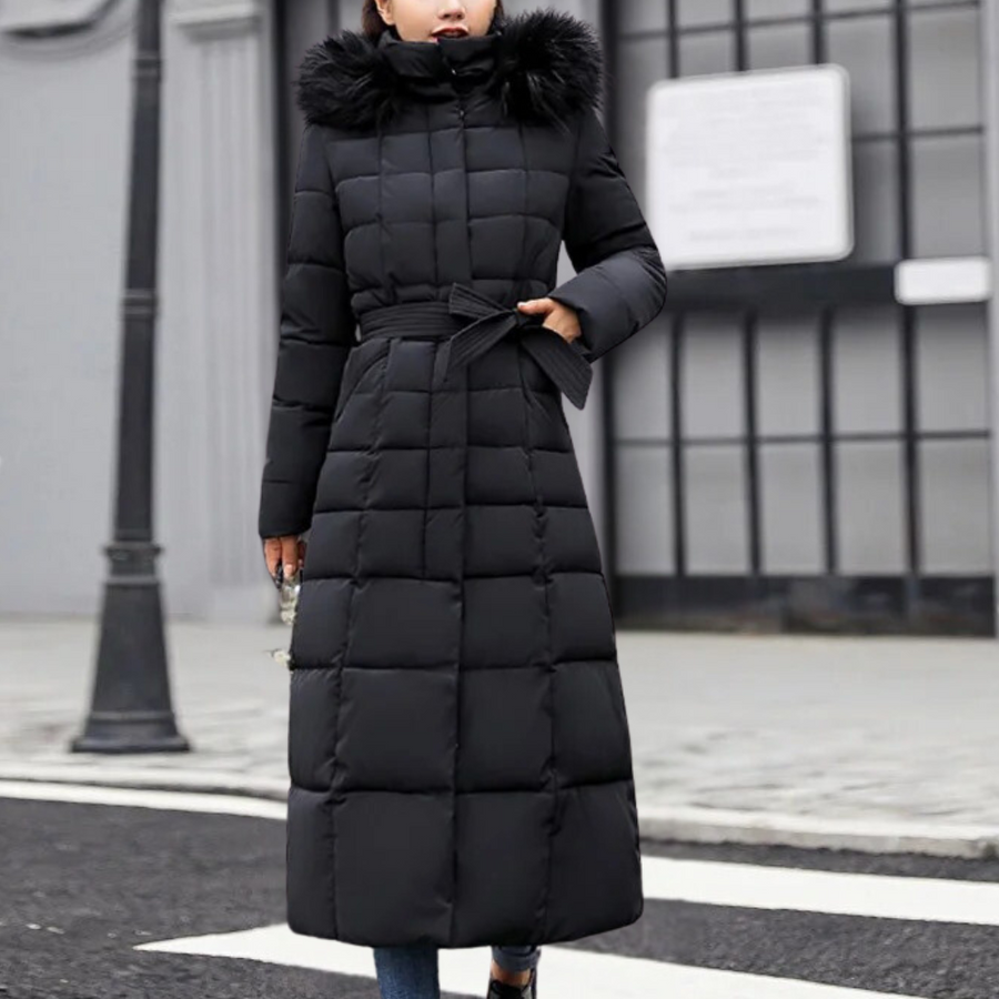 Warme lange damesjas met capuchon en trendy uitstraling