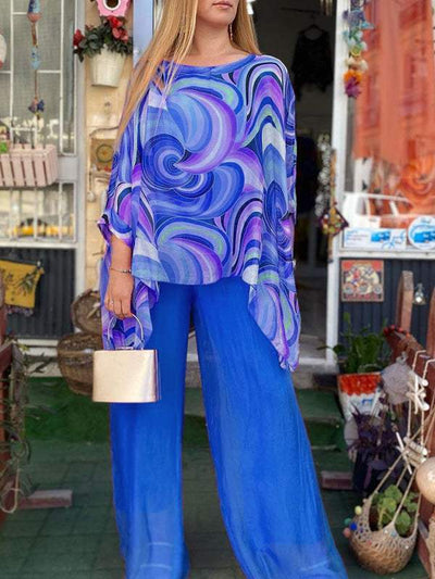 Sara - Kleurrijk zomers chiffon-tweedelig stuk met print en ontspannen ronde halslijn