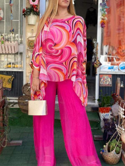 Sara - Kleurrijk zomers chiffon-tweedelig stuk met print en ontspannen ronde halslijn