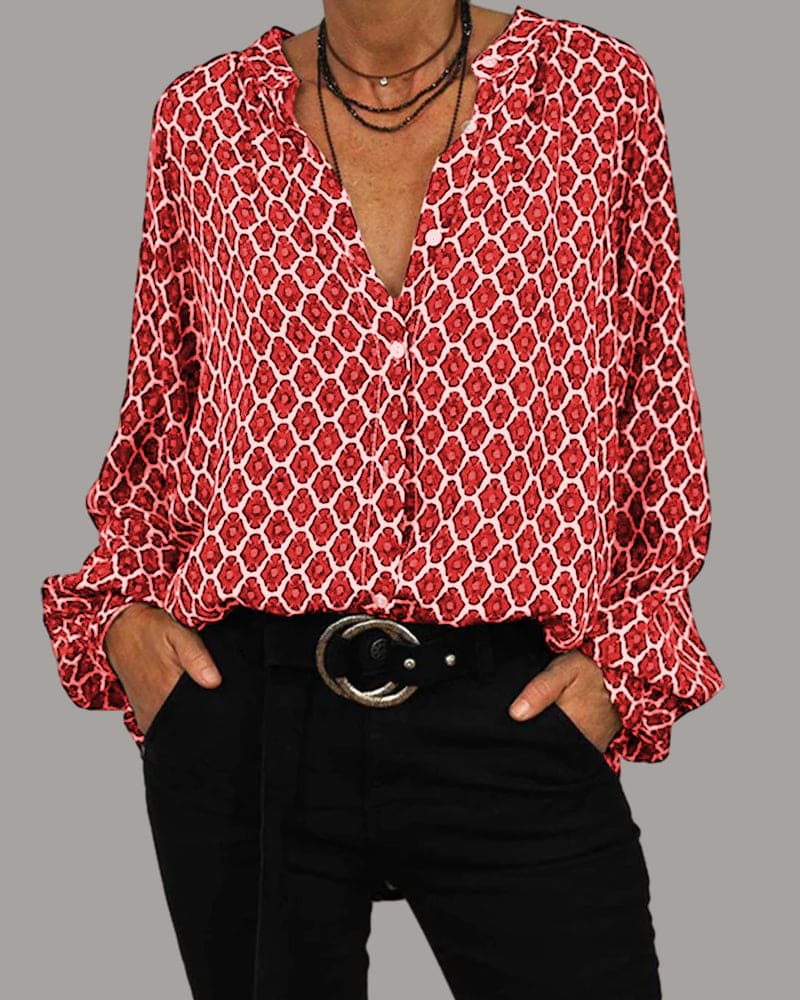 Moderne V-hals blouse met geometrisch ontwerp voor stijlvolle dagen