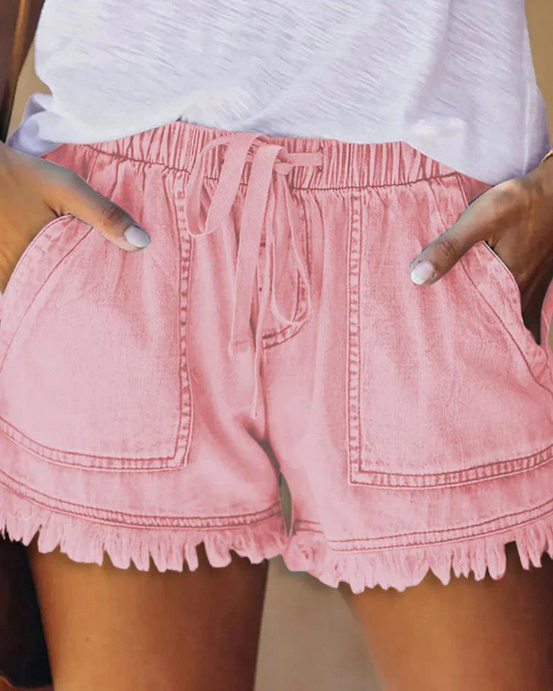 Pamela - Effen Denim Shorts met Trekkoord