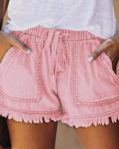 Pamela - Effen Denim Shorts met Trekkoord