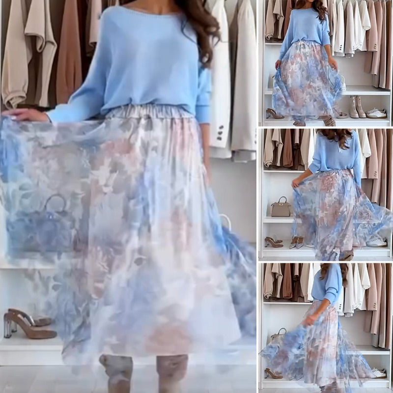 Stijlvolle zomerset met top met strikdetail en luchtige rok met print