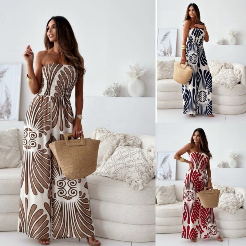 Elegante strapless jumpsuit met wijde pijpen en subtiel patroon