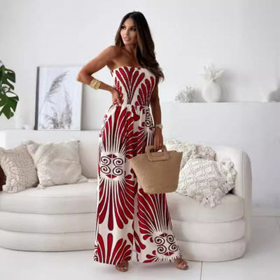 Elegante strapless jumpsuit met wijde pijpen en subtiel patroon