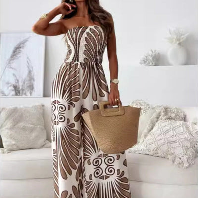 Elegante strapless jumpsuit met wijde pijpen en subtiel patroon