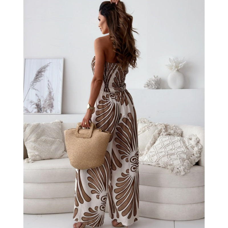 Elegante strapless jumpsuit met wijde pijpen en subtiel patroon
