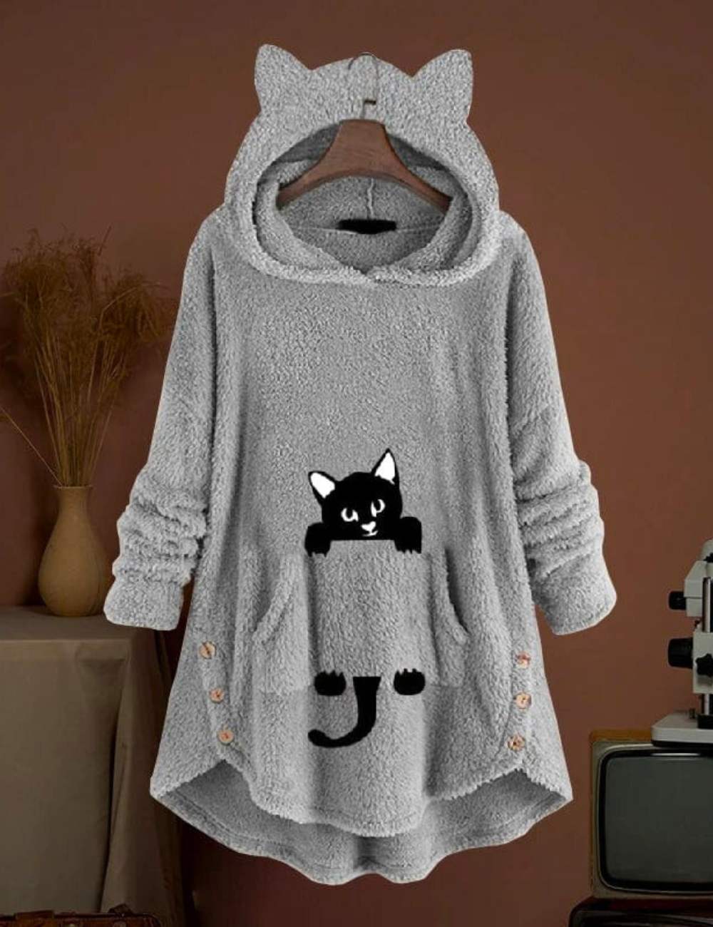 Lange hoodie met capuchon en schattig kattenontwerp voor extra comfort