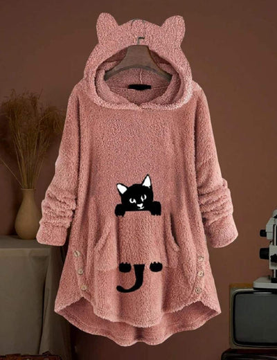 Lange hoodie met capuchon en schattig kattenontwerp voor extra comfort