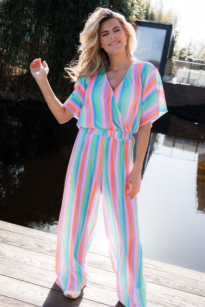 Trendy dames jumpsuit met print korte wijde mouwen en rechte wijde broekspijpen